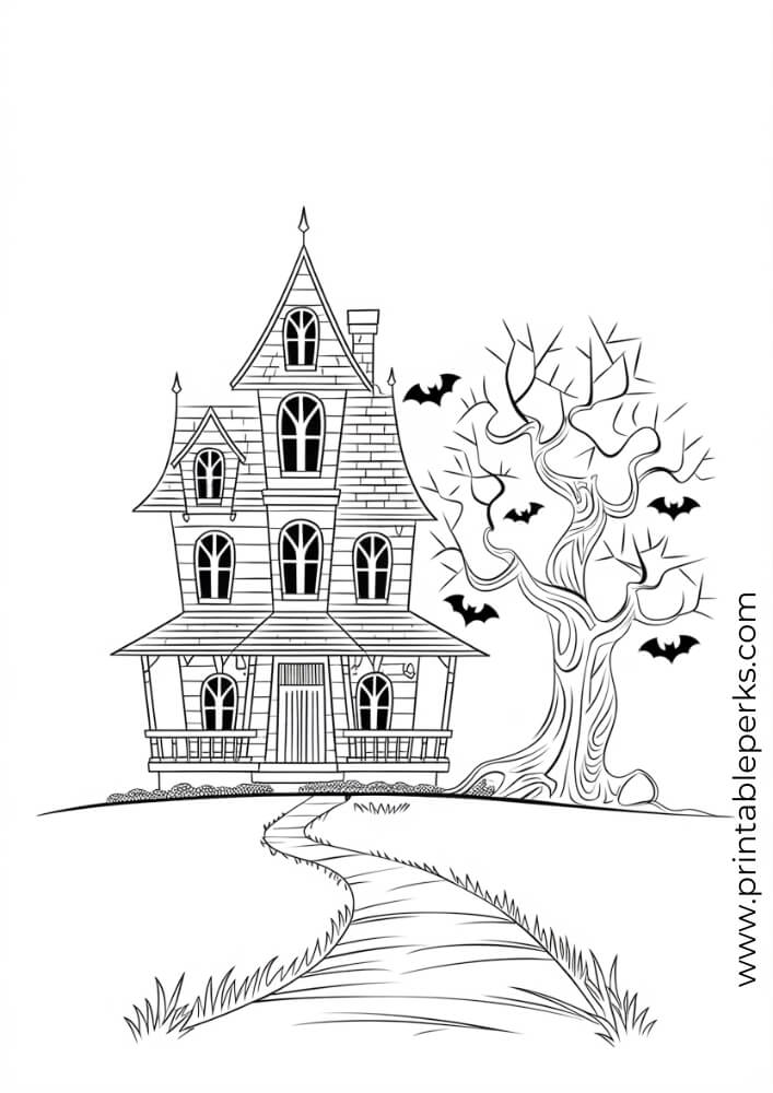 Detailed Haunted House Coloring Page