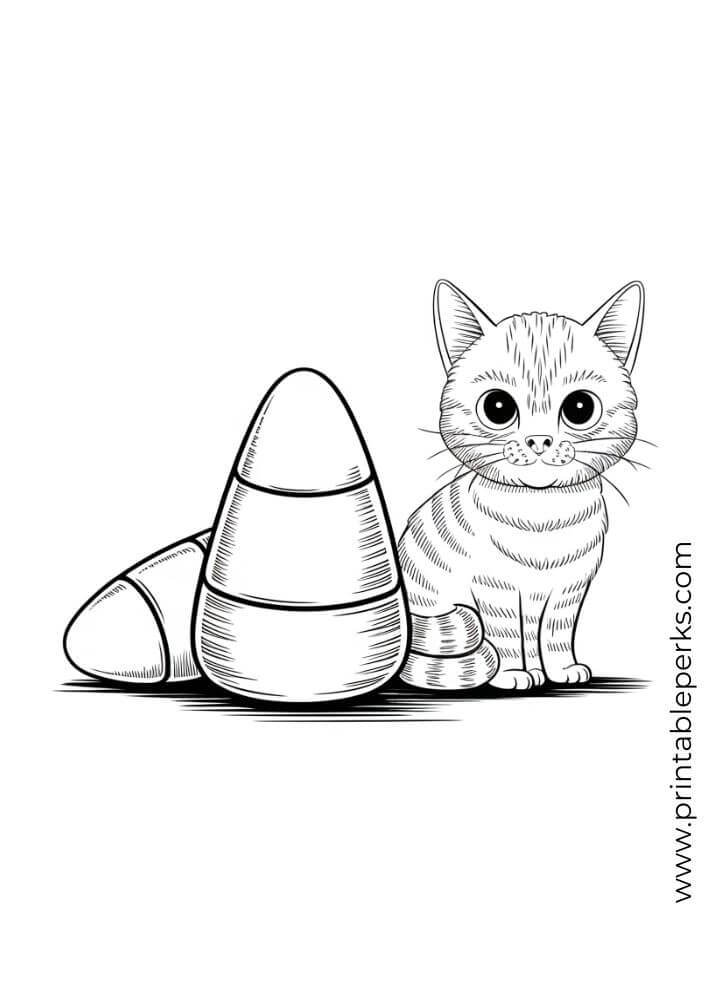 Halloween Candy Corn and Black Cat Coloring Page