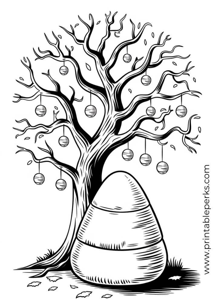 Halloween-Candy-Corn-and-Spooky-Tree-Coloring-Page