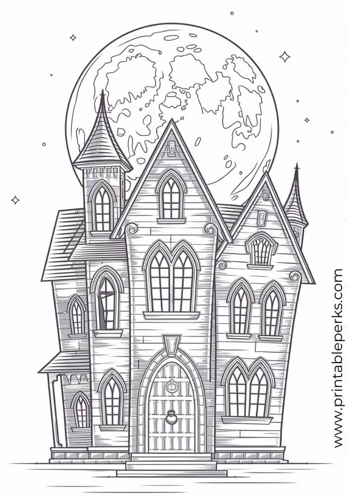 Haunted House Under the Moon Coloring Page