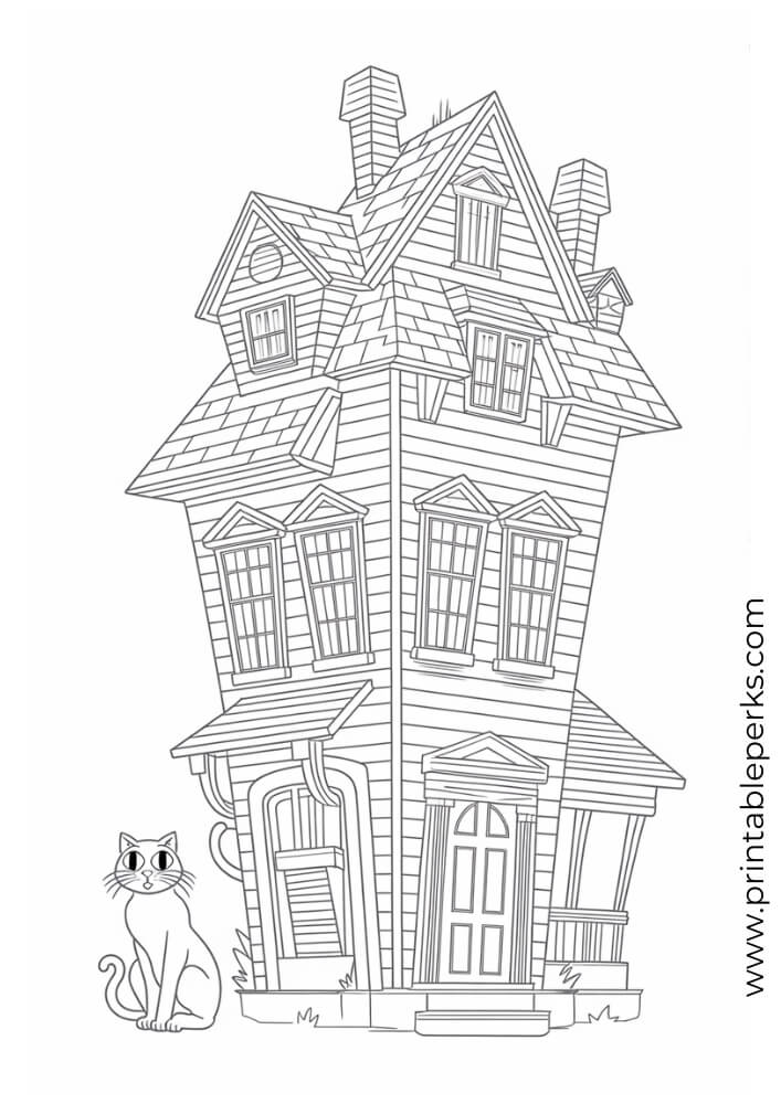 Haunted House and Black Cat Coloring Page