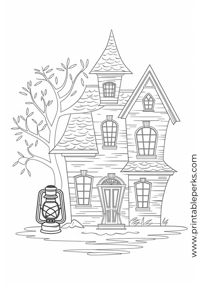 Haunted House and Lantern Coloring Page