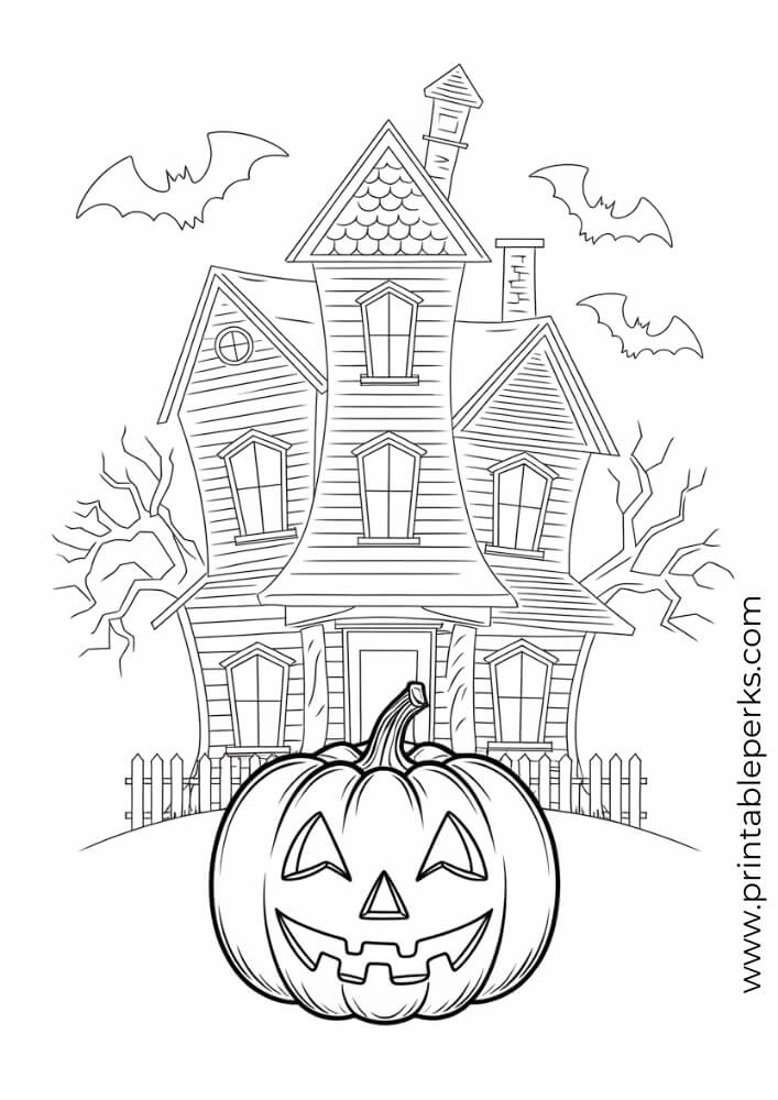 Haunted House and Pumpkin Coloring Page