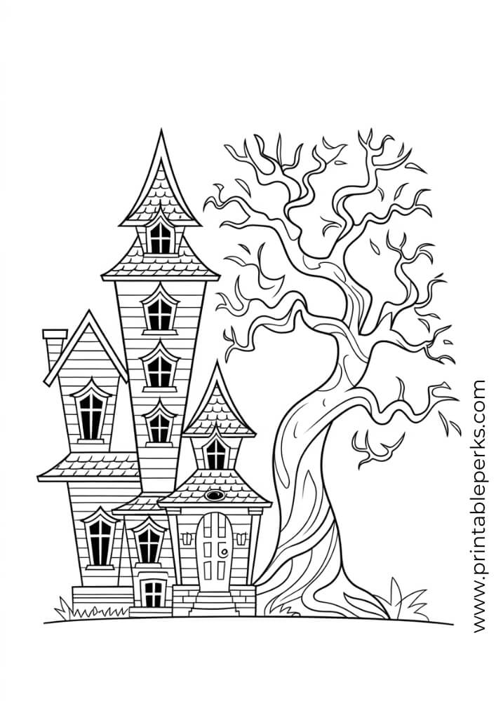 Haunted House and Spooky Tree Coloring Page