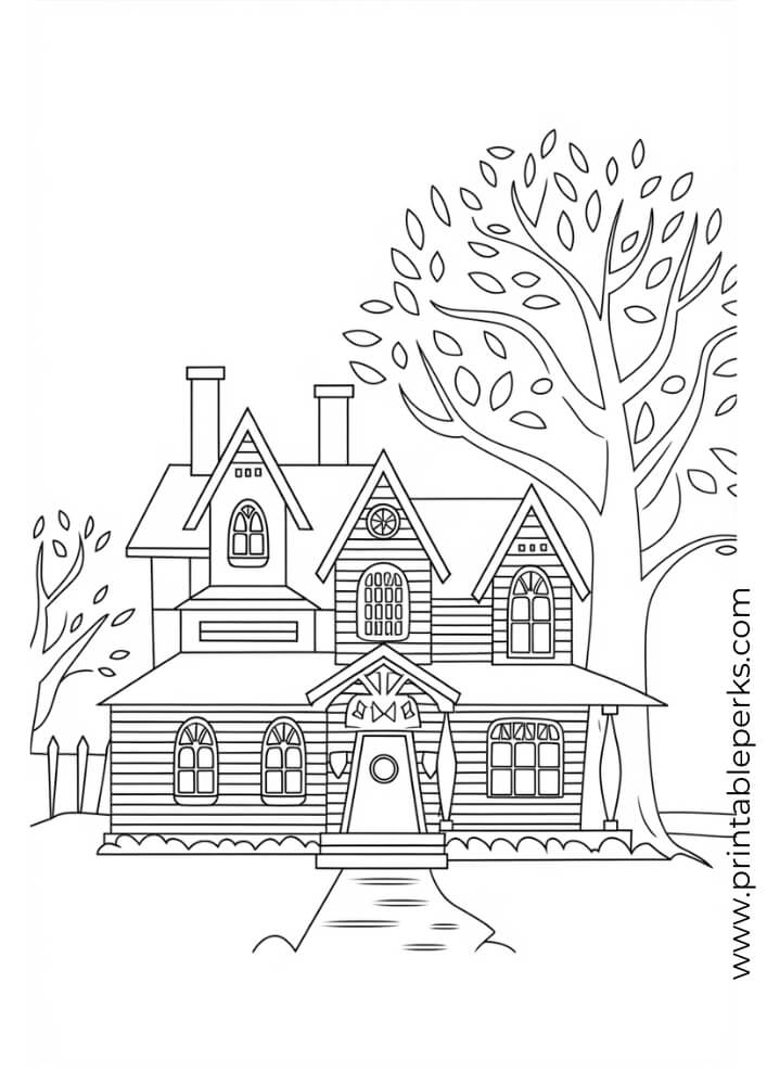 Haunted-House-with-Autumn-Tree-Coloring-Page