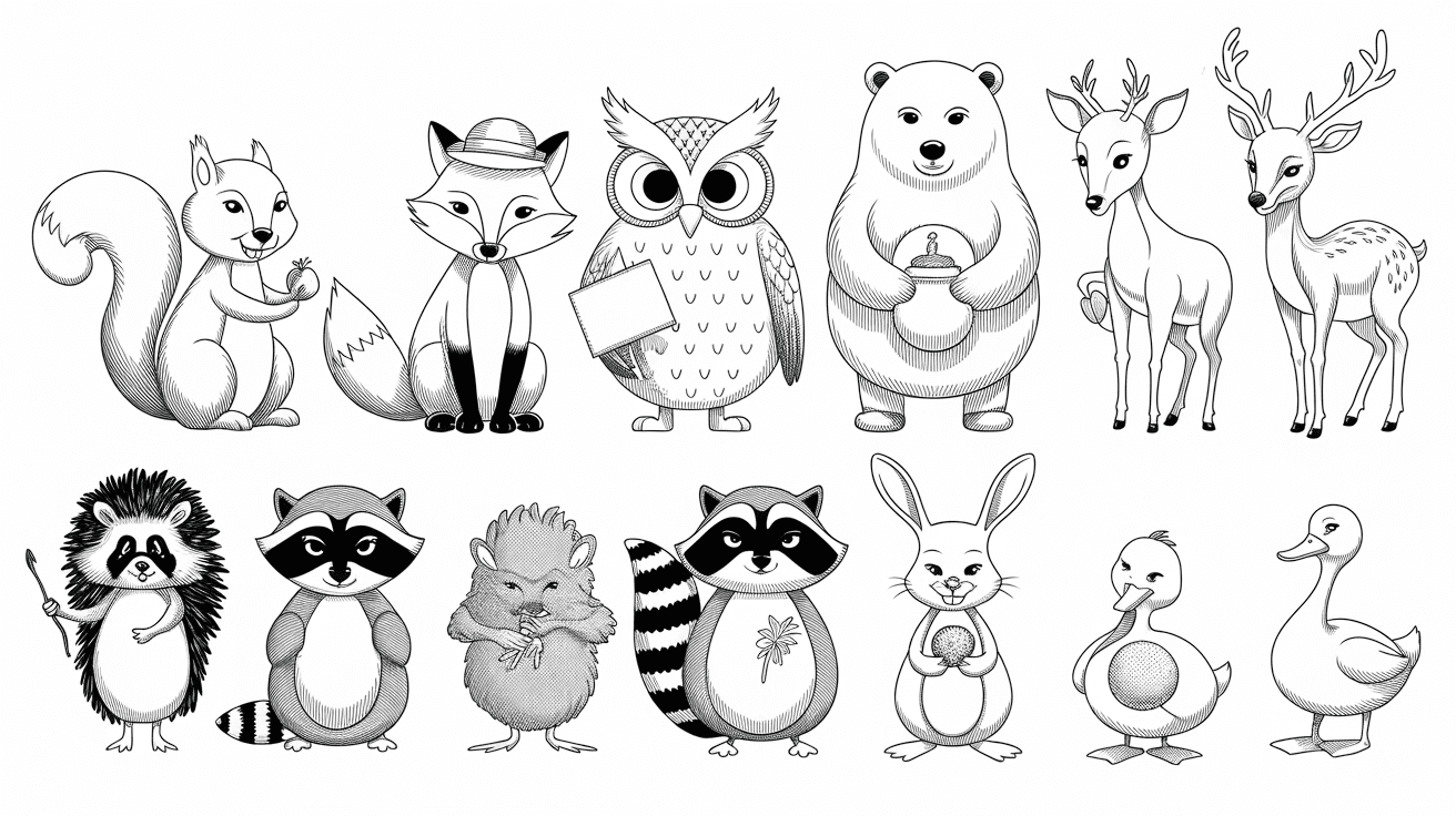 lineart of fall animals coloring pages